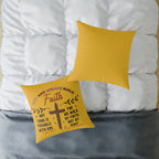 Christian Cross Scripture Yellow Throw Pillow — 2 Corinthians 5:7 & Luke 18:27
