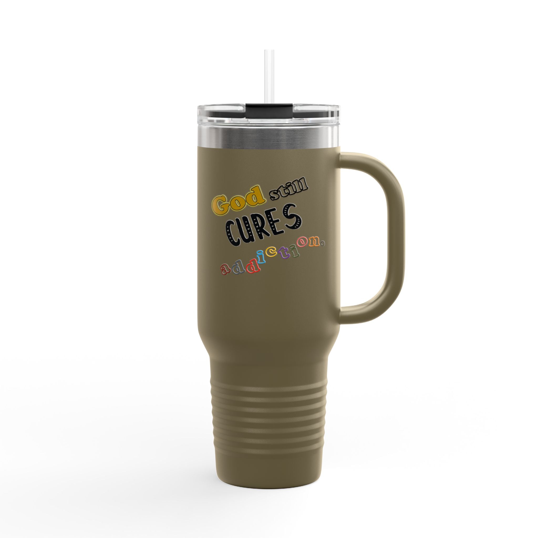 40oz Insulated Travel Mug – "God Sees, Cures, and Loves" Inspirational Tumbler