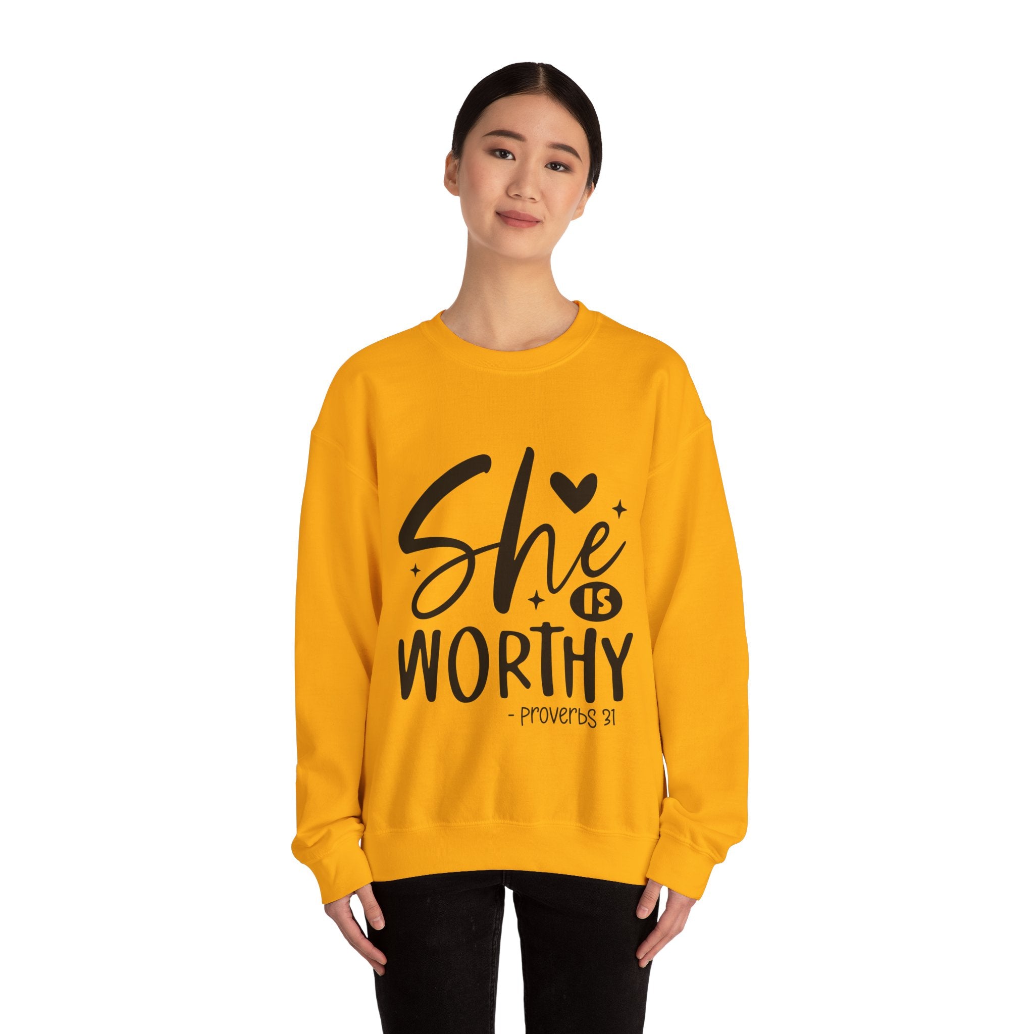 She is Worthy Proverbs Sweatshirt Unisex Curved Neck Fleece Crewneck Long Sleeve