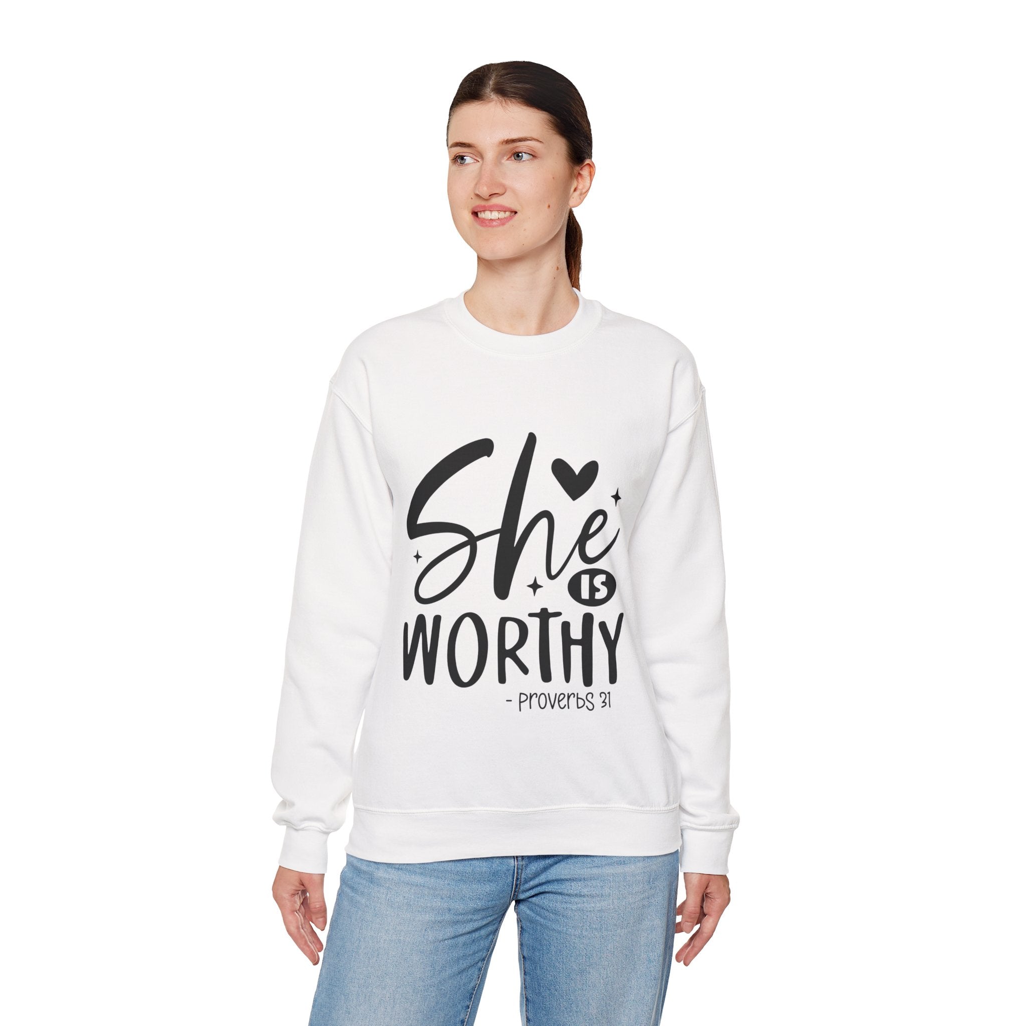 She is Worthy Proverbs Sweatshirt Unisex Curved Neck Fleece Crewneck Long Sleeve