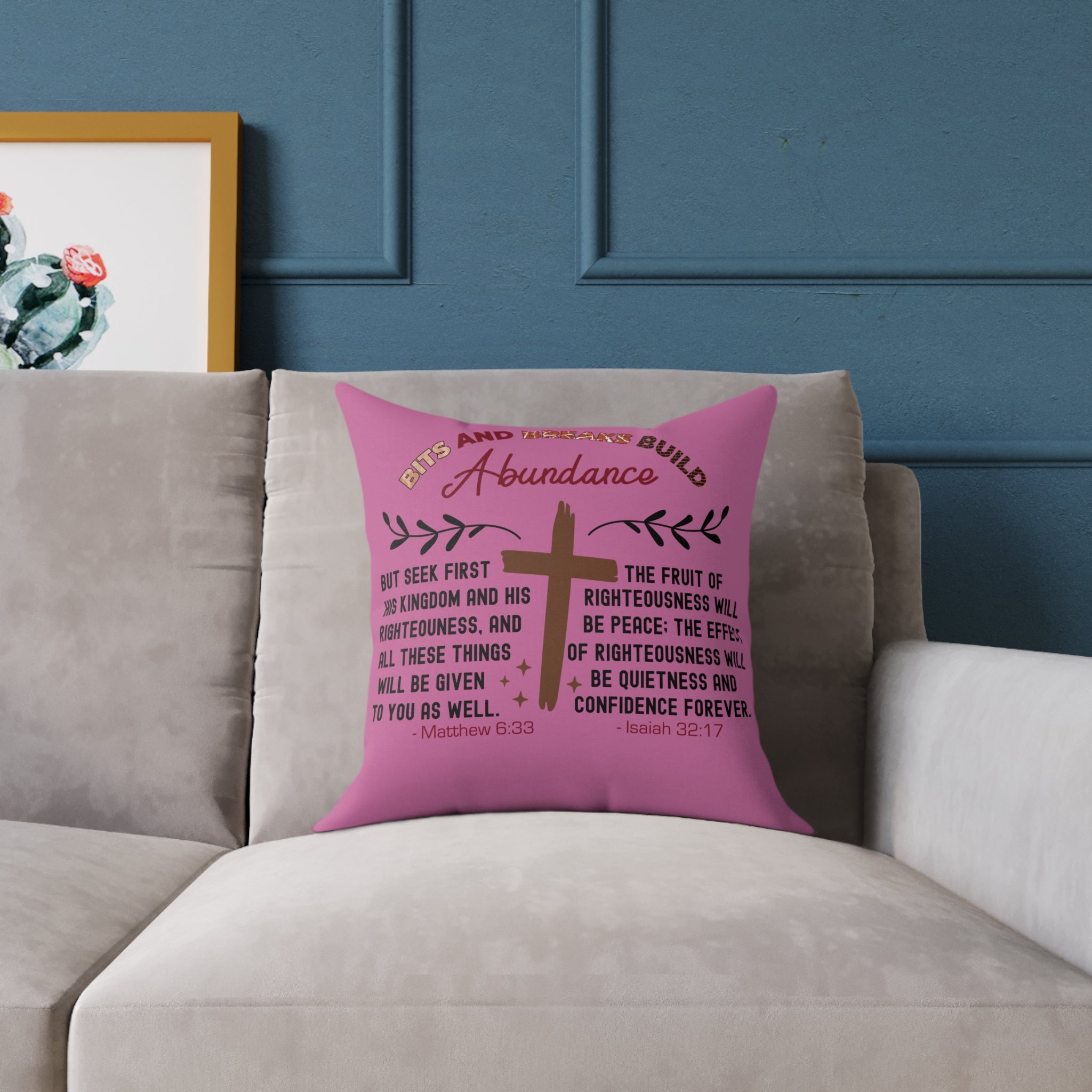 Christian Cross Abundance Throw Pillow Poly Canvas —Righteousness and Peace Decorative Pillow Covers for the Bed Sofa 16" by 16"