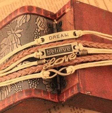Handmade Love Dream 8 Word Faith Bracelet Bright Leather Rope Multi-Layer