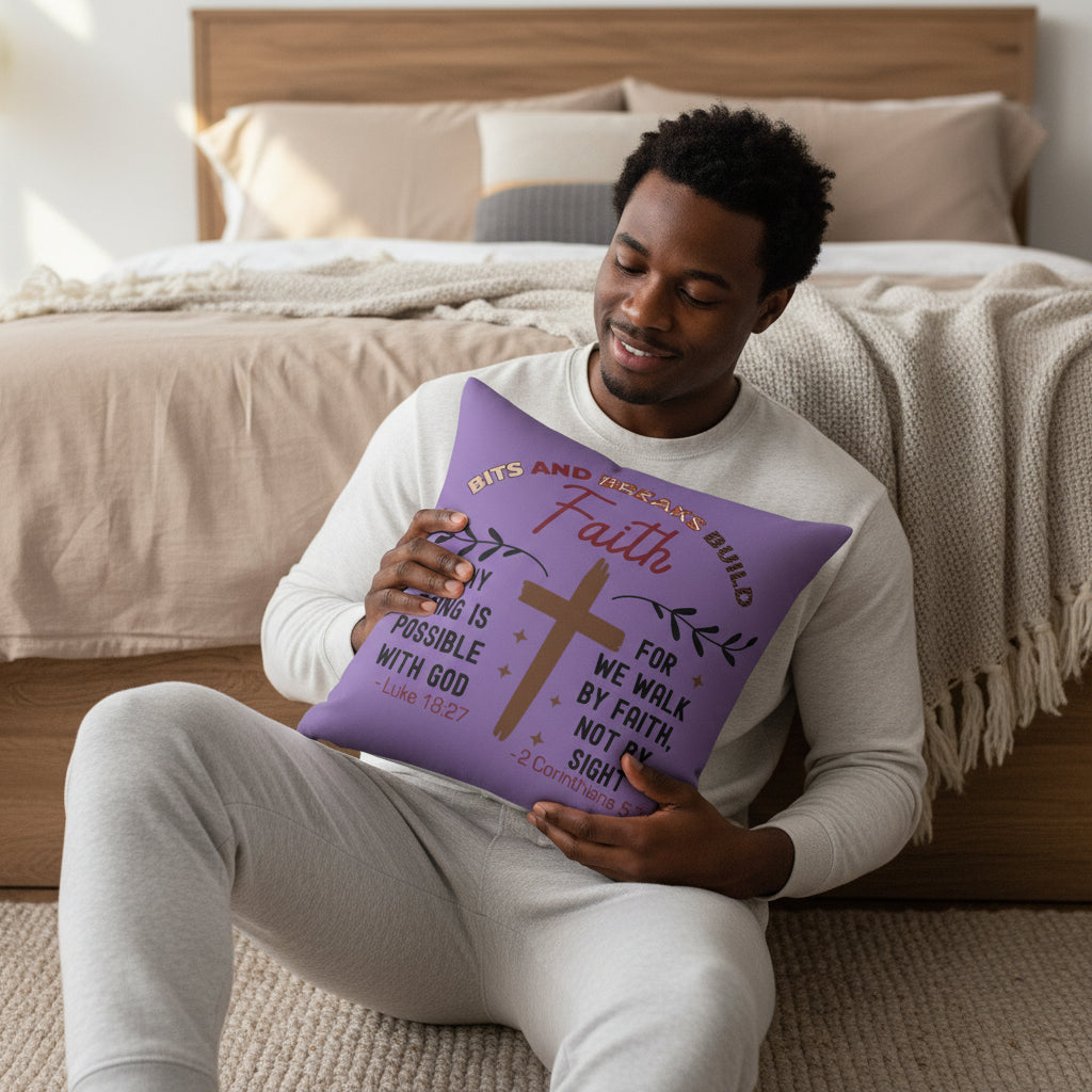 Christian Cross Scripture Throw Pillow — 2 Corinthians 5:7 & Luke 18:27 (16" x 16")