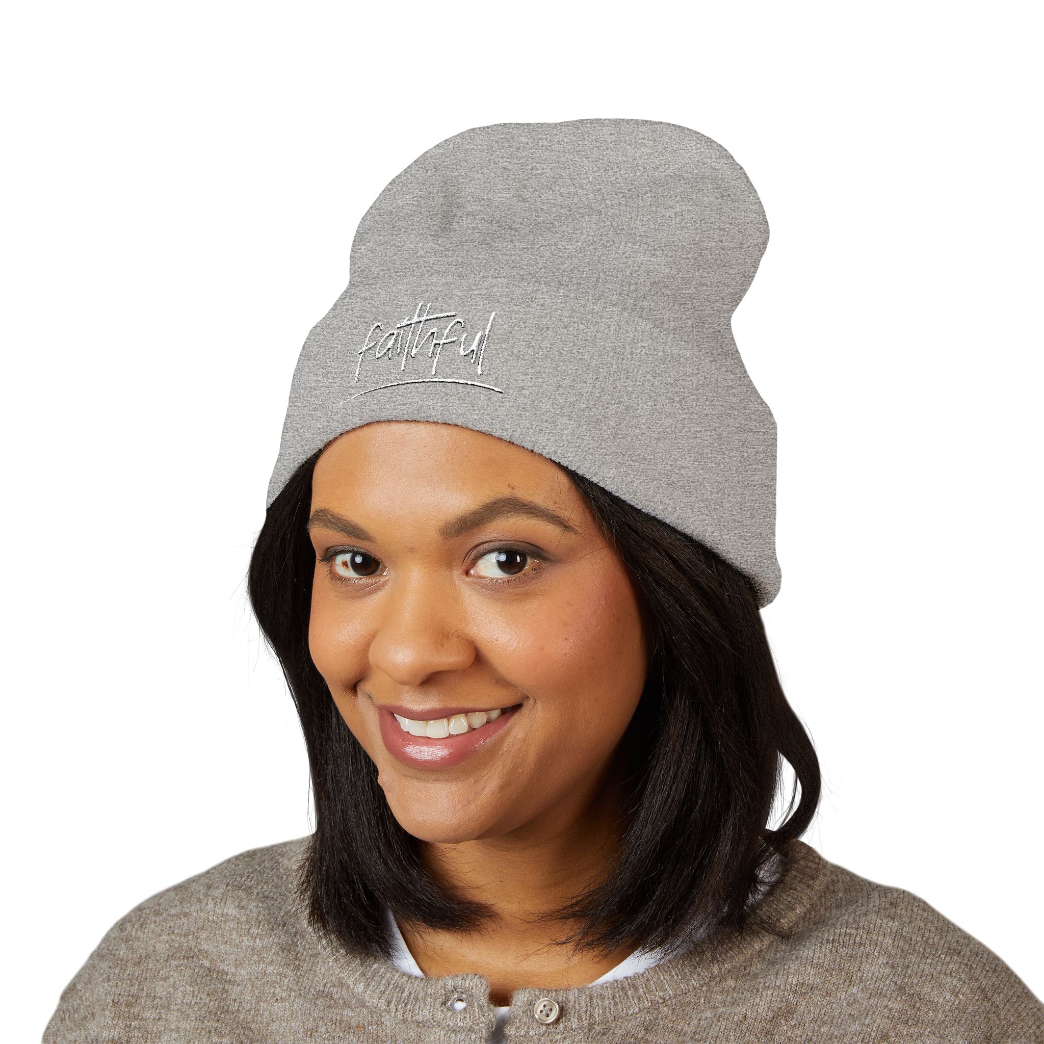 Embroidered Faithful Cuffed Beanie - Warm Knit Winter Hat