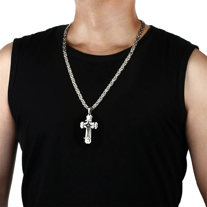 Men Jewelry Christian Trinity Latin Cross Necklace  Stainless Steel Three Layers Cross Pendants Necklaces Jewelry Gift