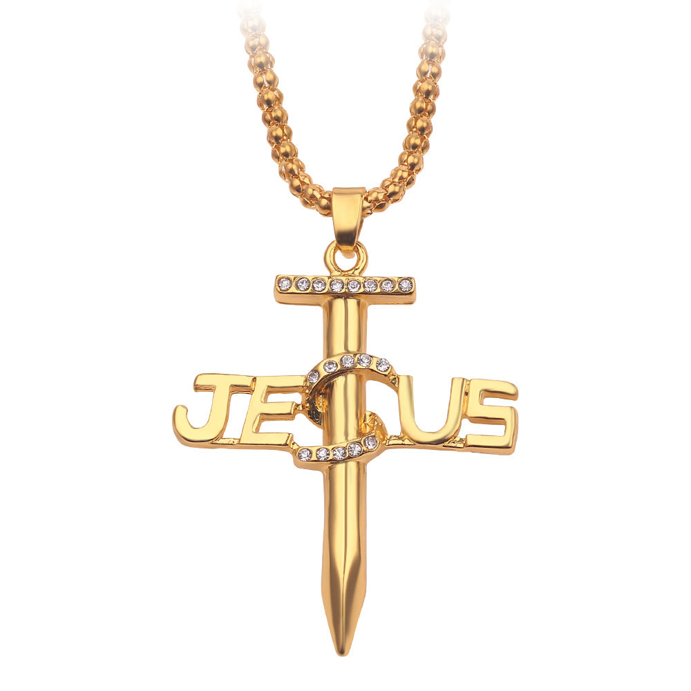 Jesus on the Cross Charm Religion Necklace Alloy Jesus Letters Nails Gold