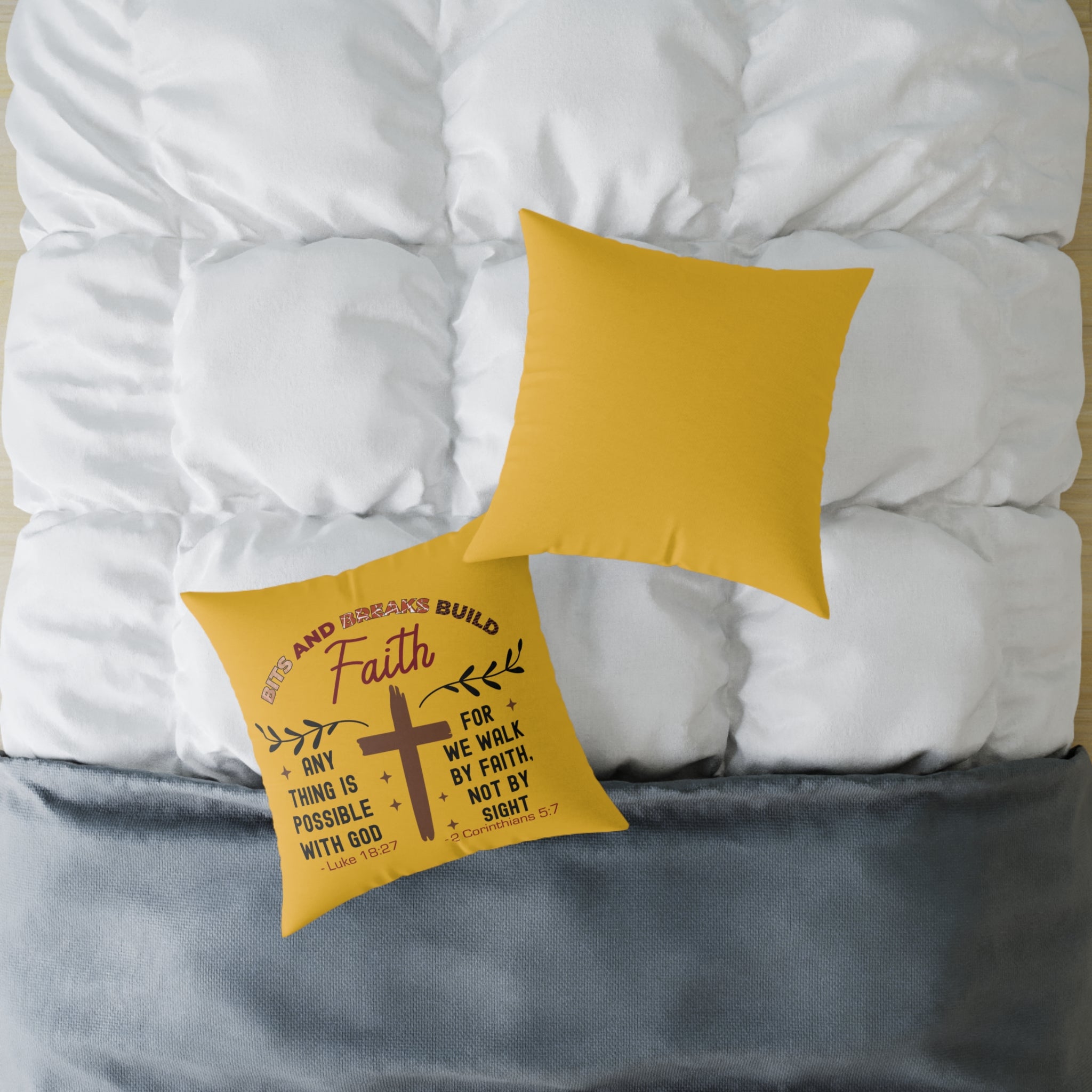Christian Cross Scripture Yellow Throw Pillow — 2 Corinthians 5:7 & Luke 18:27
