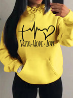 Graphic Designed Pull-Over with Faith Hope Love Women Hoodie String Tie