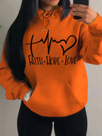 Graphic Designed Pull-Over with Faith Hope Love Women Hoodie String Tie