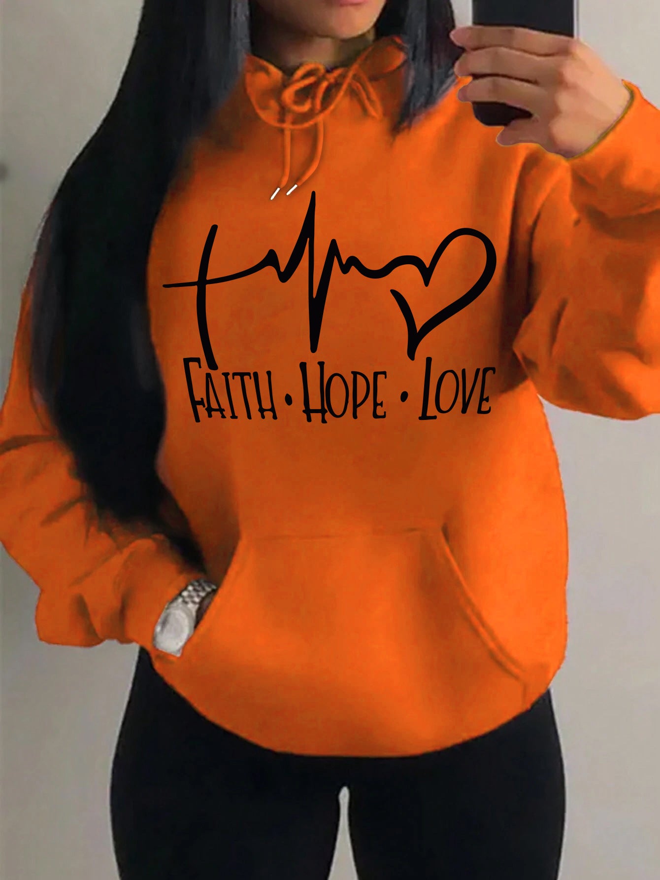 Graphic Designed Pull-Over with Faith Hope Love Women Hoodie String Tie