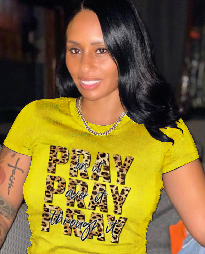 Leopard Print Blessing Letter Print Casual Short Sleeve T-shirt