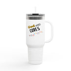 40oz Insulated Travel Mug – "God Sees, Cures, and Loves" Inspirational Tumbler