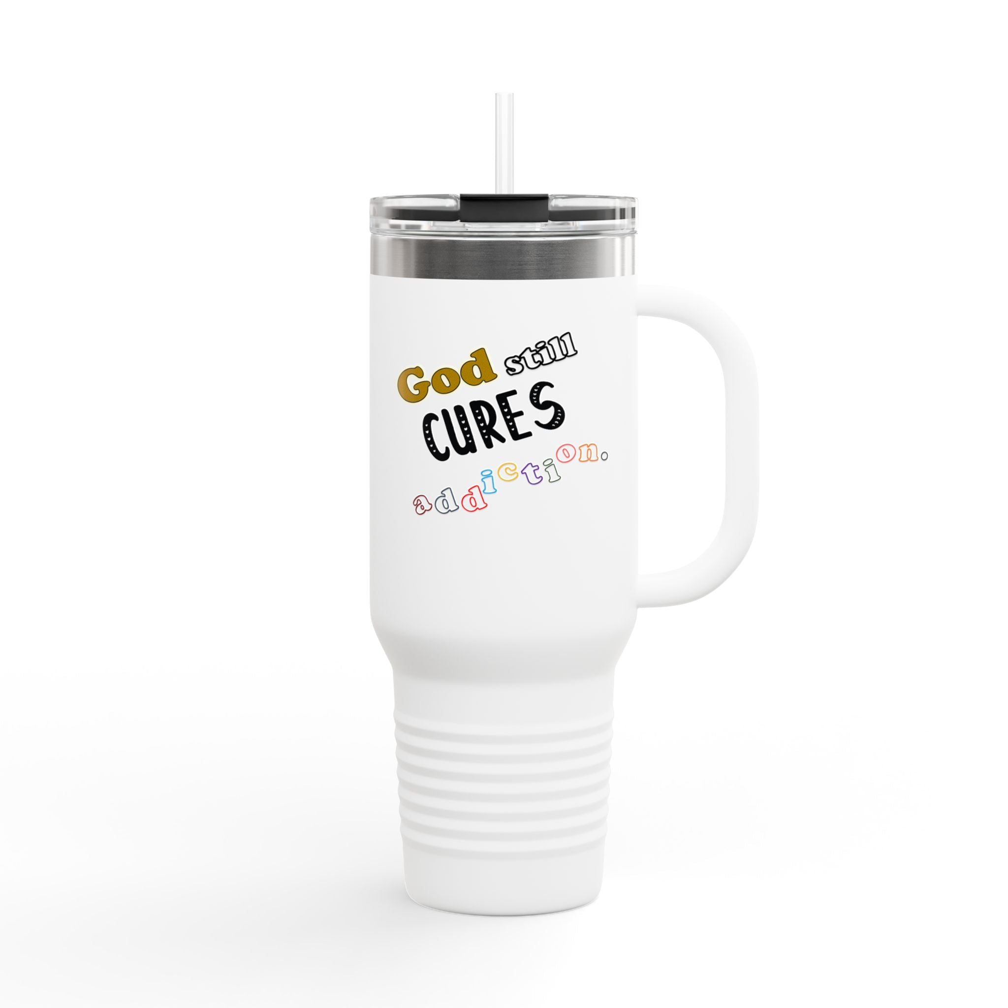 40oz Insulated Travel Mug – "God Sees, Cures, and Loves" Inspirational Tumbler