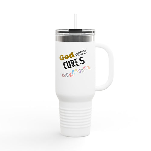 40oz Insulated Travel Mug – "God Sees, Cures, and Loves" Inspirational Tumbler