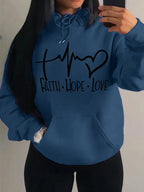 Graphic Designed Pull-Over with Faith Hope Love Women Hoodie String Tie