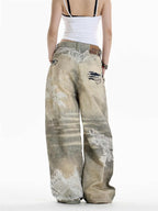 Cross Printed Jeans Women's Wide-leg Heavy Industry Pants