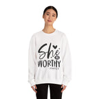 She is Worthy Proverbs Sweatshirt Unisex Curved Neck Fleece Crewneck Long Sleeve