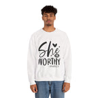 She is Worthy Proverbs Sweatshirt Unisex Curved Neck Fleece Crewneck Long Sleeve