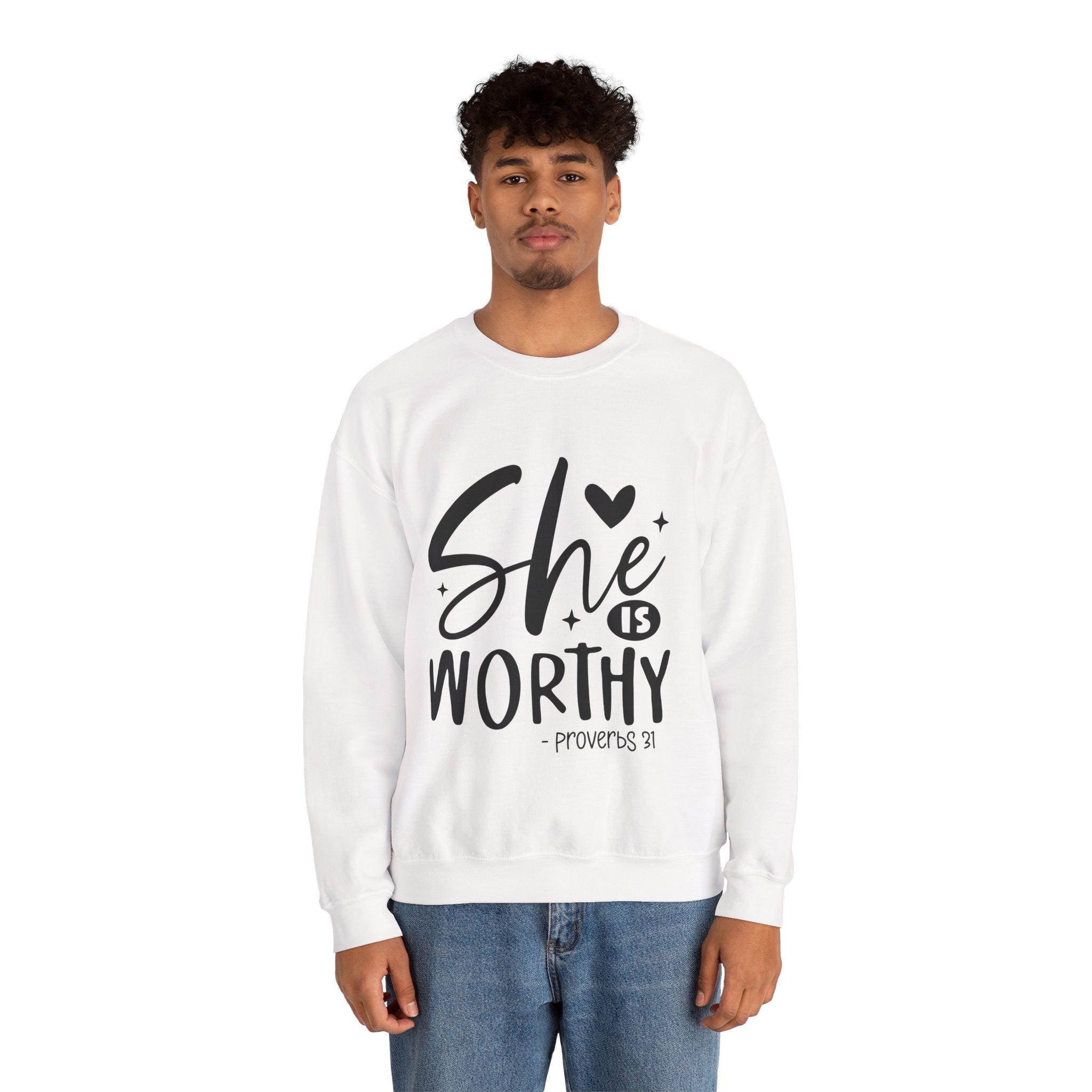 She is Worthy Proverbs Sweatshirt Unisex Curved Neck Fleece Crewneck Long Sleeve