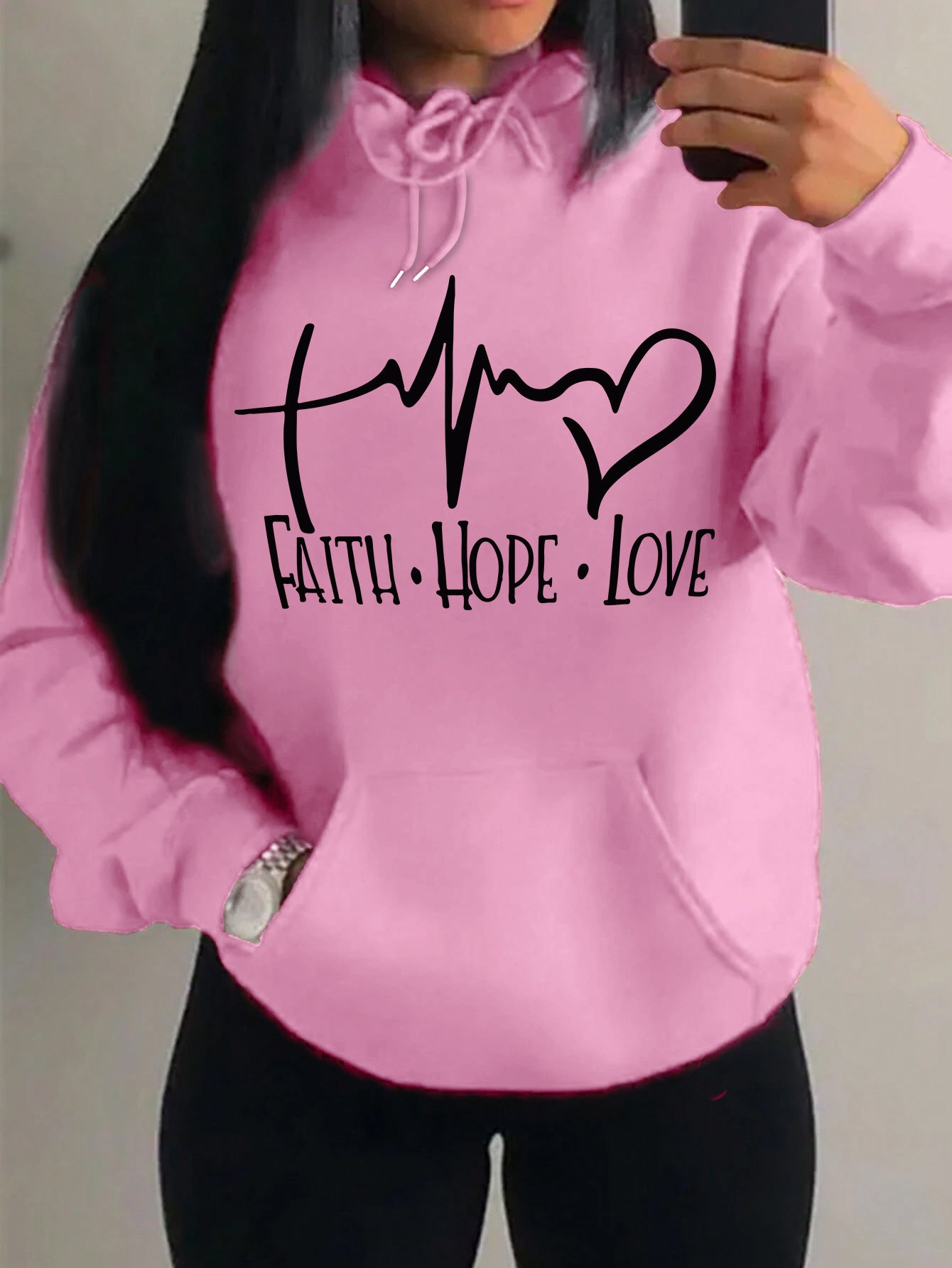 Graphic Designed Pull-Over with Faith Hope Love Women Hoodie String Tie