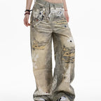 Cross Printed Jeans Women's Wide-leg Heavy Industry Pants