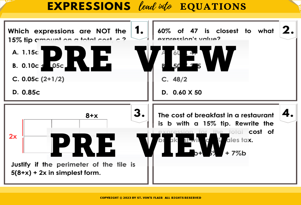 Expressions Lead into Equations Worksheets