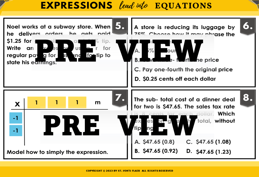 Expressions Lead into Equations Worksheets