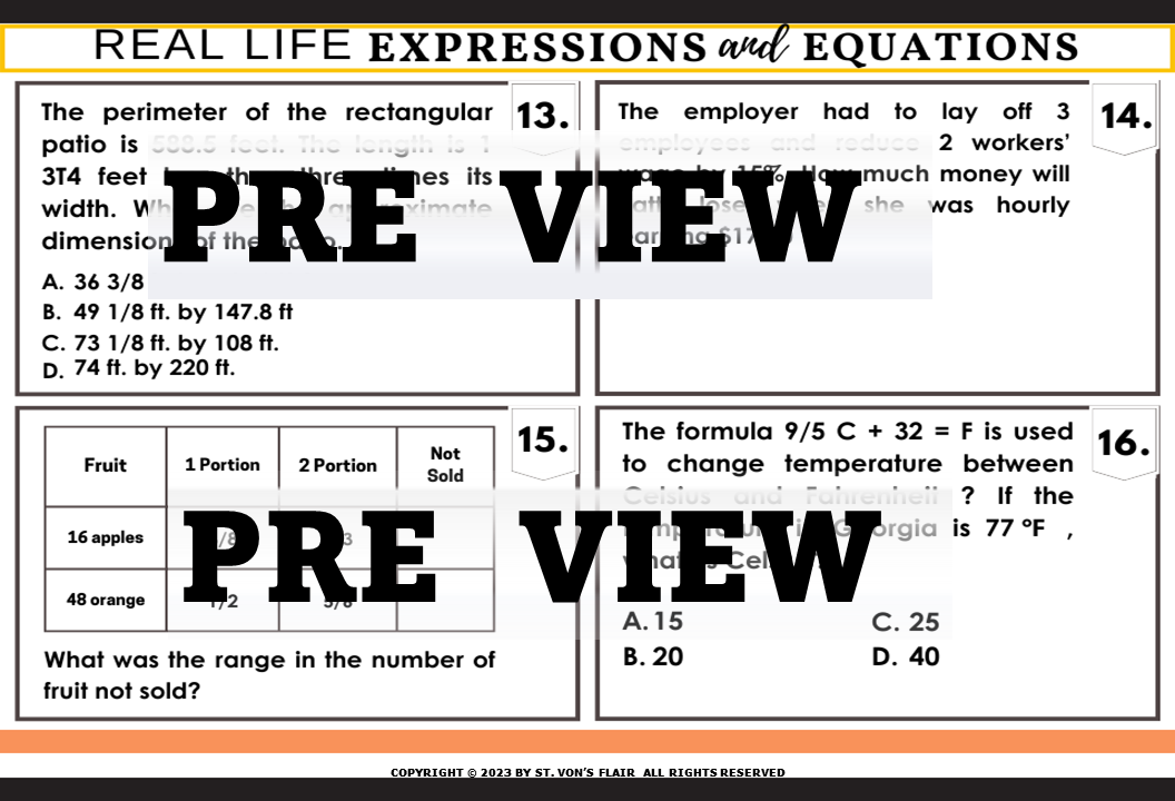 Real Life Expressions and Equations Worksheets