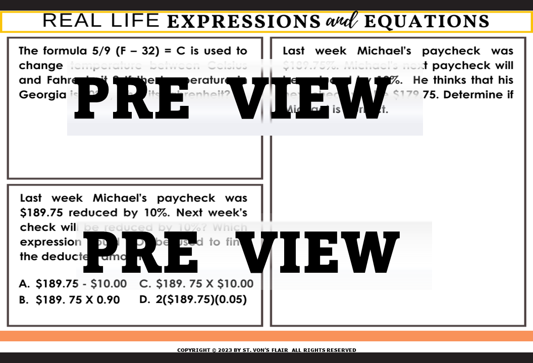 Real Life Expressions and Equations Worksheets