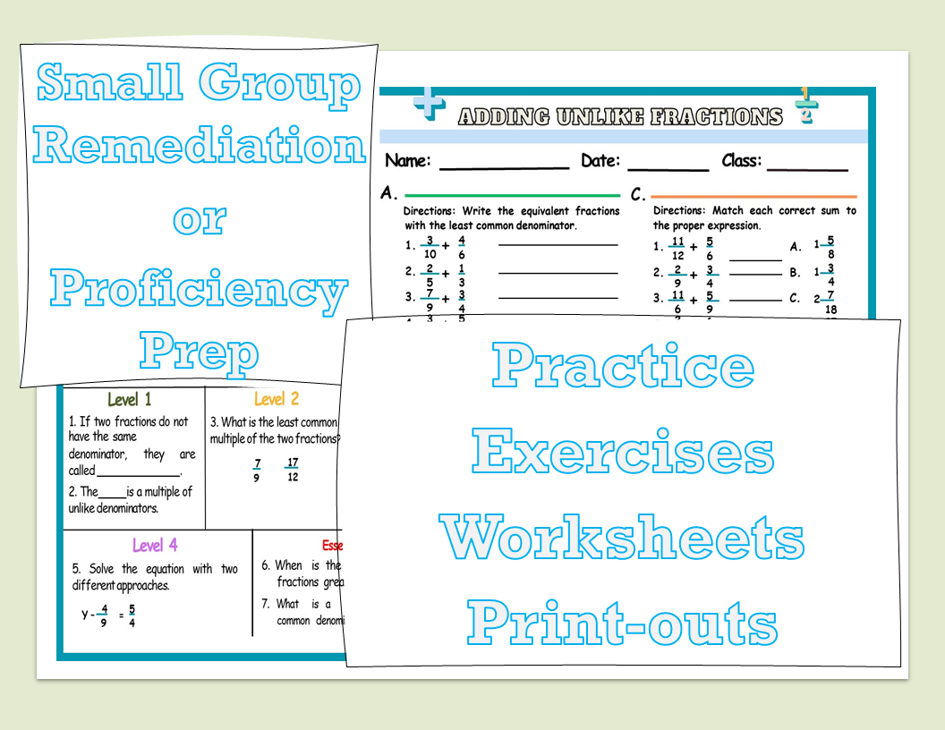 Adding Unlike Fractions Worksheets