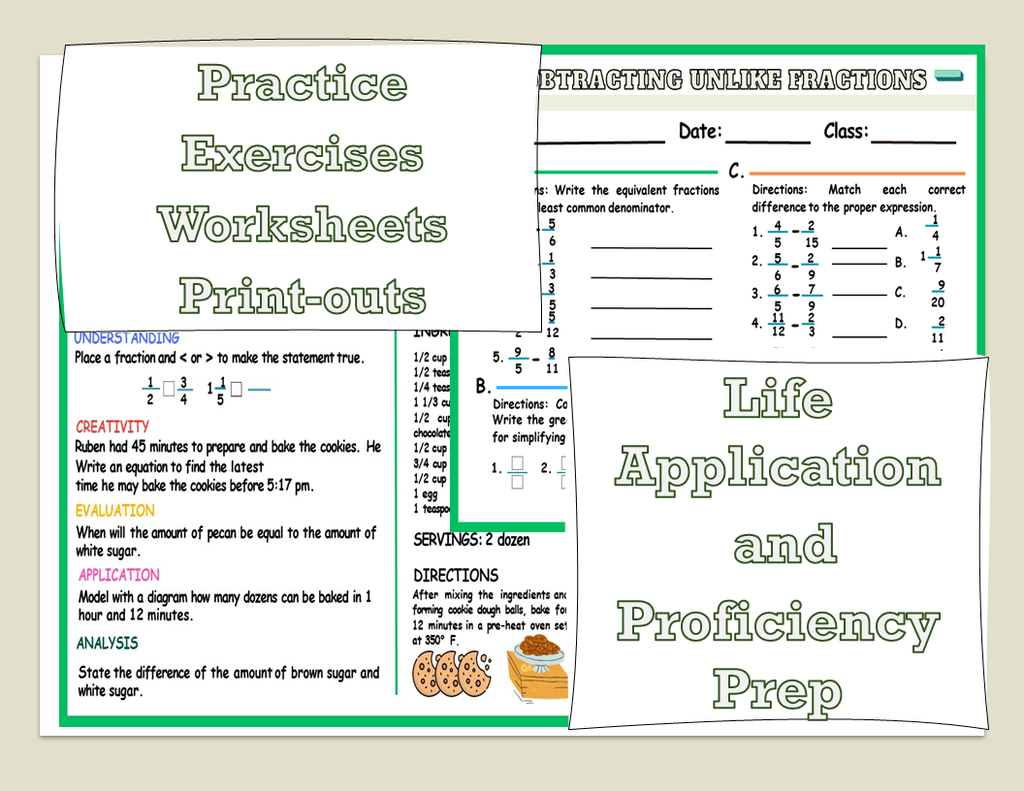 Subtracting Unlike Fractions Worksheets