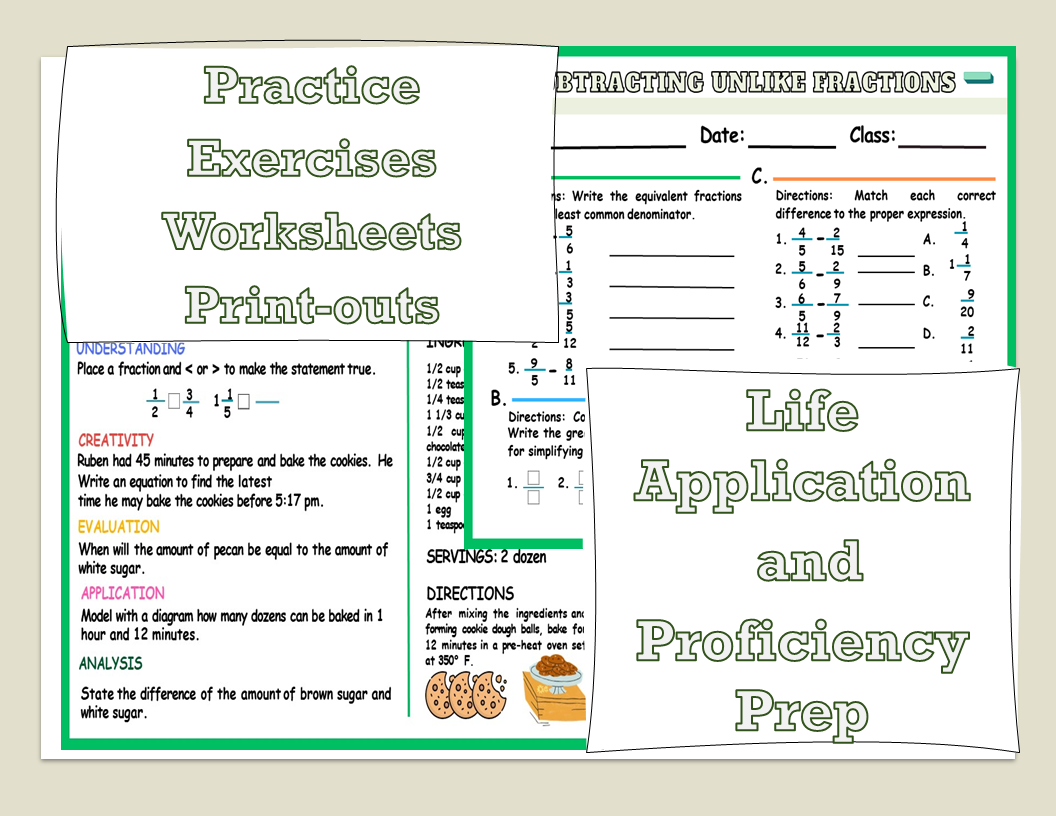 Subtracting Unlike Fractions Worksheets