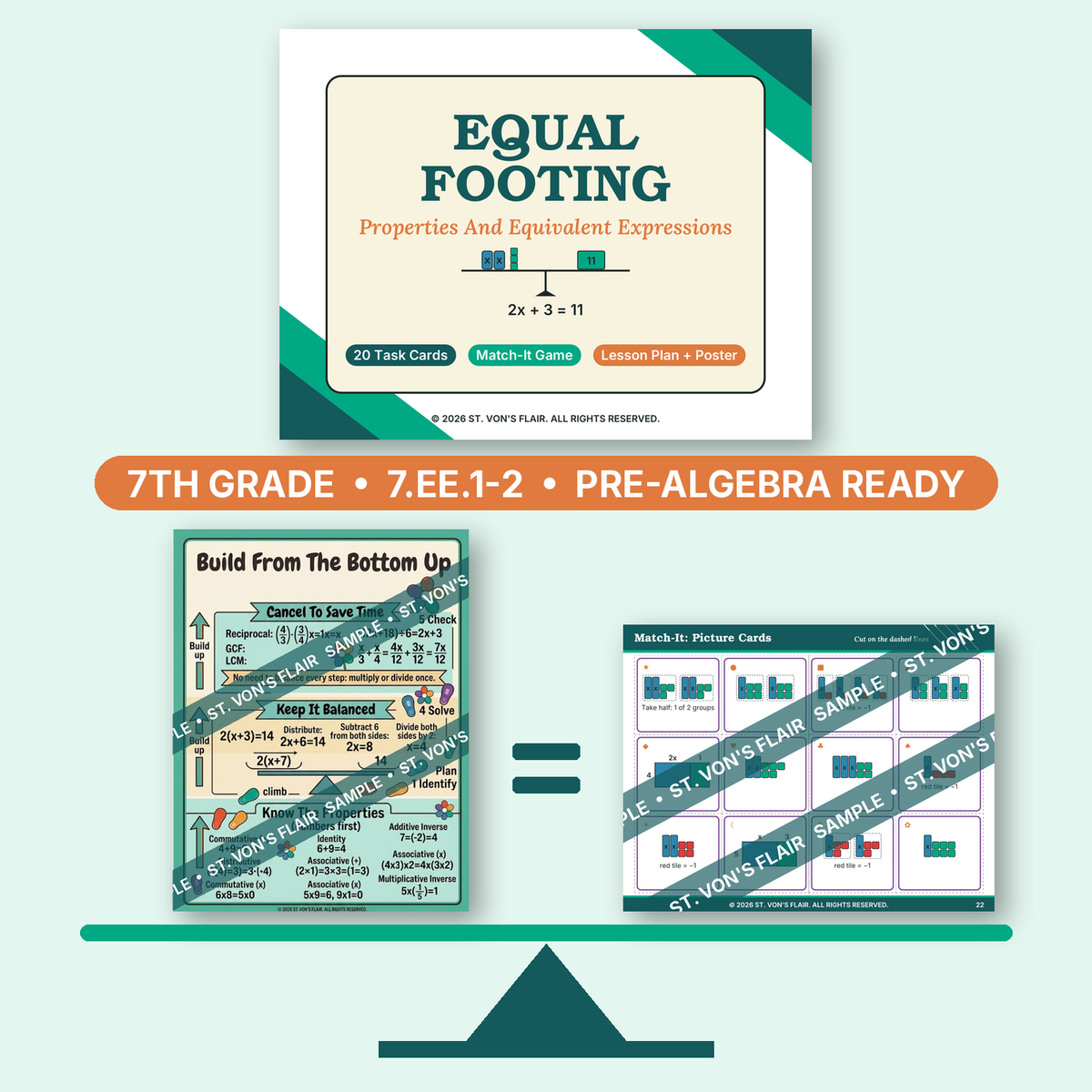 Equivalent Expressions Task Cards | Equal Footing | 7th Grade | ST. VON'S FLAIR
