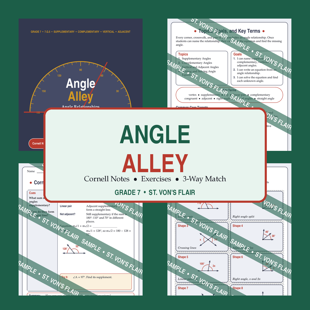 Angle Alley: Angle Relationships Cornell Notes and 3-Way Match | ST. VON'S FLAIR