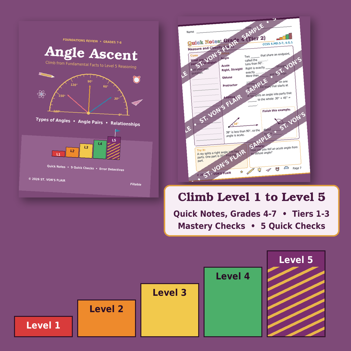 Angle Ascent: Tiered Quick Notes and Quick Checks on Types of Angles, Angle Pairs, and Relationships | ST. VON'S FLAIR