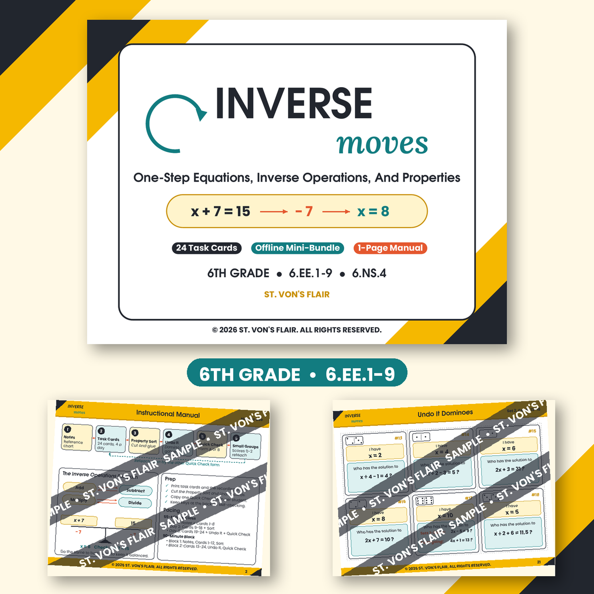 One-Step Equations and Inverse Operations Task Cards | Inverse Moves | 6th Grade | ST. VON'S FLAIR