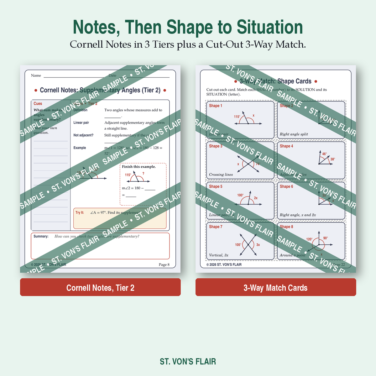 Angle Alley: Angle Relationships Cornell Notes and 3-Way Match | ST. VON'S FLAIR