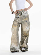 Cross Printed Jeans Women's Wide-leg Heavy Industry Pants