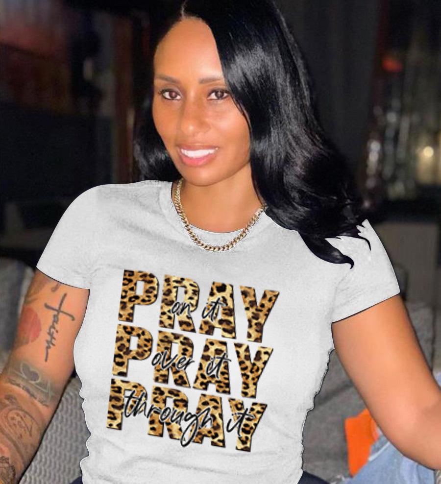 Leopard Print Blessing Letter Print Casual Short Sleeve T-shirt