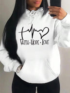 Graphic Designed Pull-Over with Faith Hope Love Women Hoodie String Tie