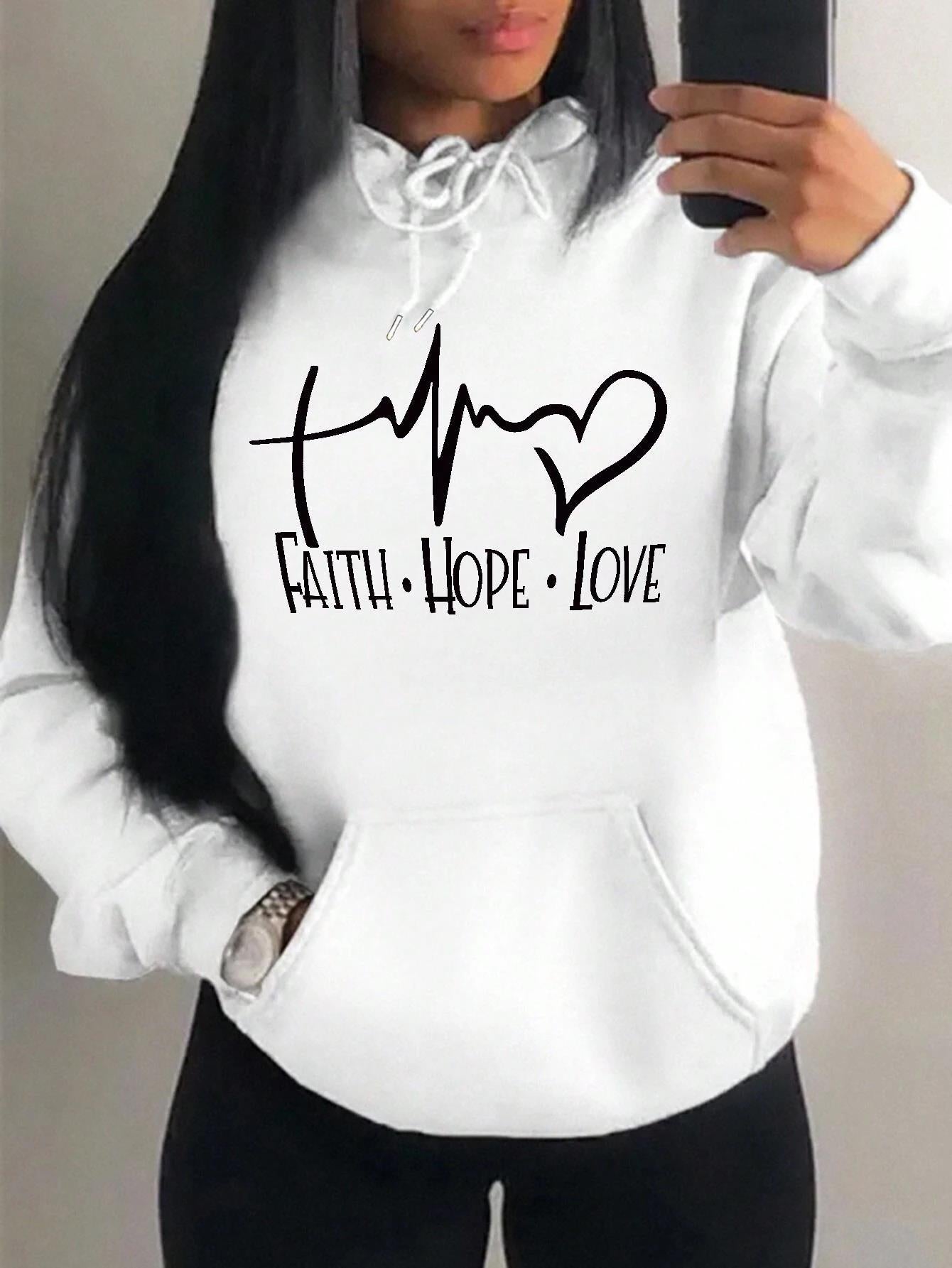 Graphic Designed Pull-Over with Faith Hope Love Women Hoodie String Tie