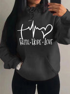 Graphic Designed Pull-Over with Faith Hope Love Women Hoodie String Tie