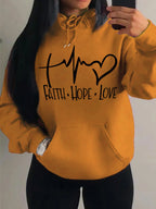 Graphic Designed Pull-Over with Faith Hope Love Women Hoodie String Tie