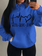 Graphic Designed Pull-Over with Faith Hope Love Women Hoodie String Tie