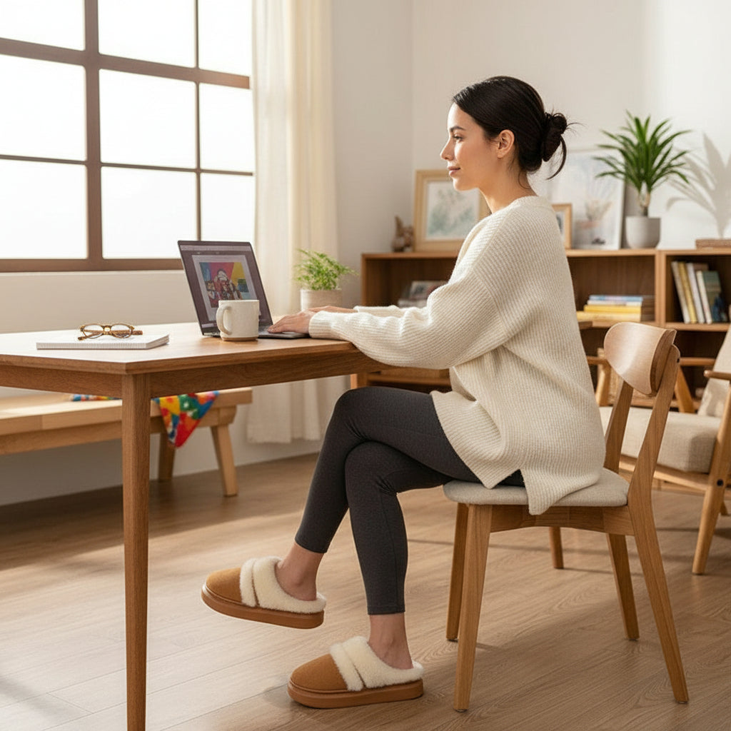 Pair of fluffy slippers in beige, pink, and brown on a light background