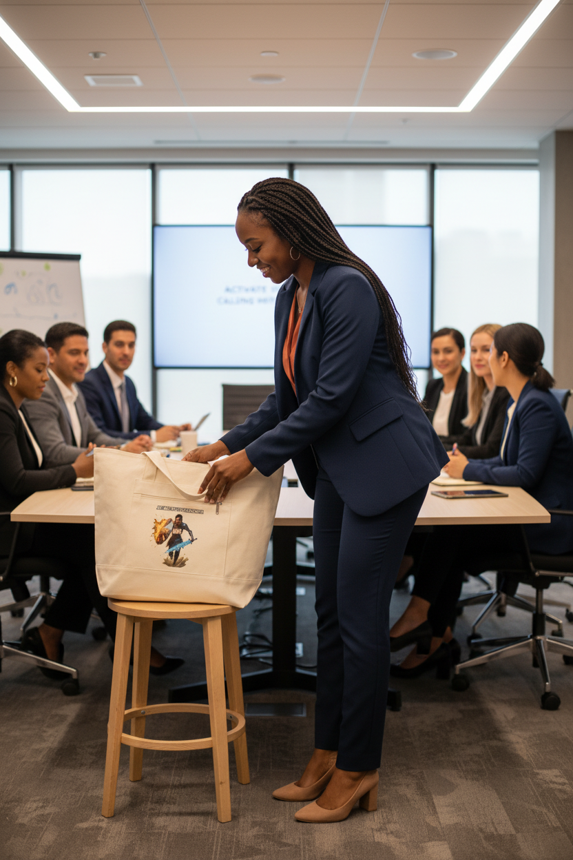 Black Woman Placing Tote on Stool in Business Meeting