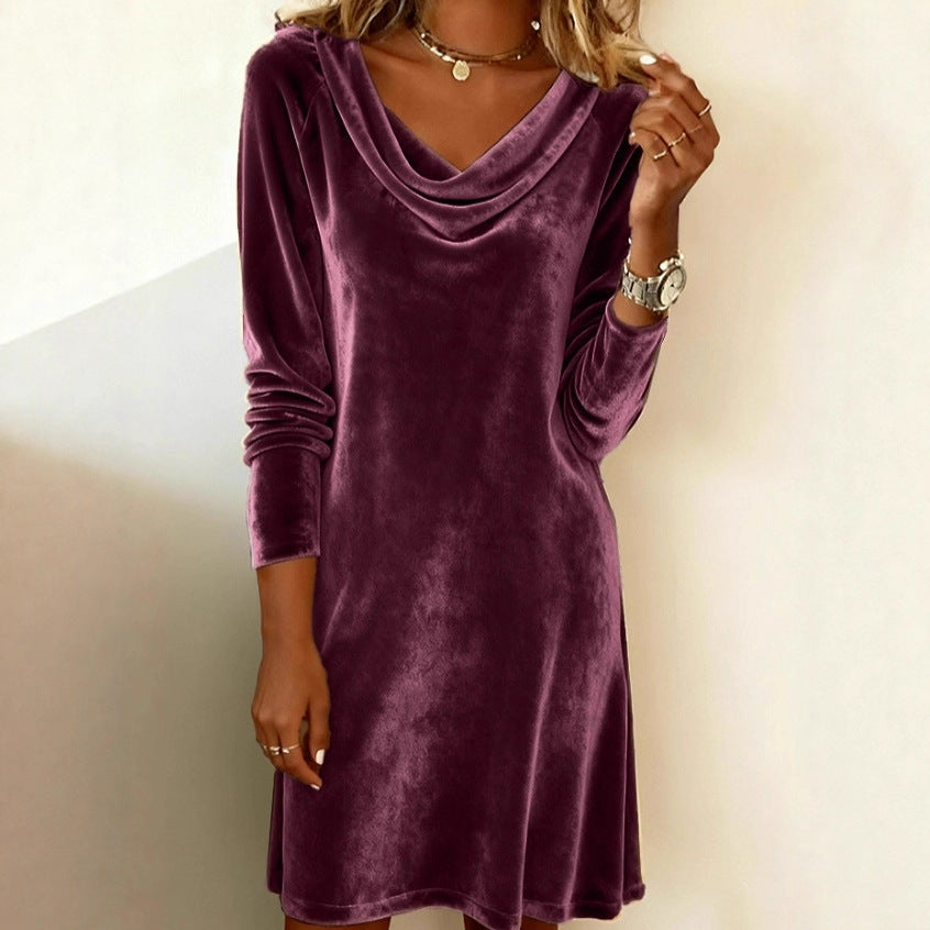 Elegant Solid Color Swing Collar Long Sleeved Velvet Dress Temperament Gentle Skirts For Women Cocktail Party Formal Dresses