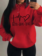 Graphic Designed Pull-Over with Faith Hope Love Women Hoodie String Tie