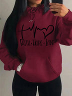 Graphic Designed Pull-Over with Faith Hope Love Women Hoodie String Tie