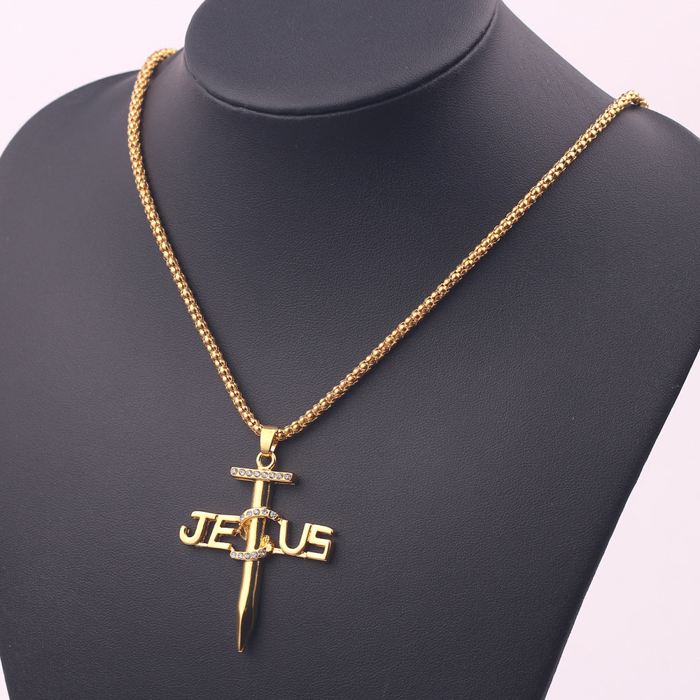 Jesus on the Cross Charm Religion Necklace Alloy Jesus Letters Nails Gold